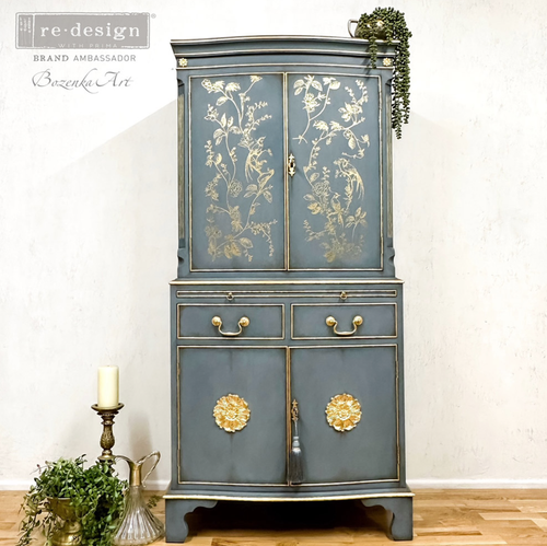 Transferencia decorativa Gold Foil A Bird Song de Kacha – Re-Design with Prima, diseño de pájaros dorados entre ramas para muebles y decoración | Anaqa Design