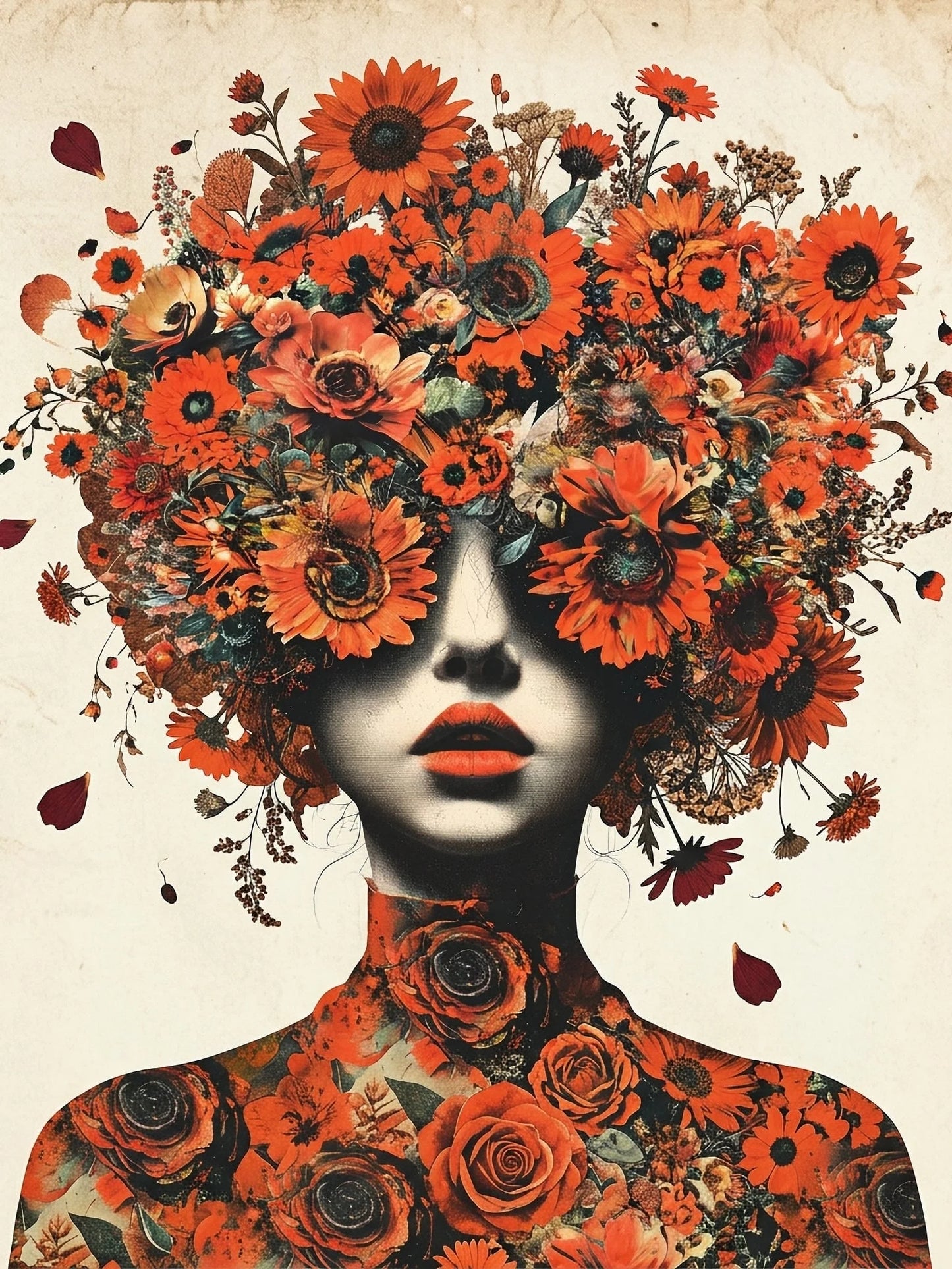 Papel decoupage Orange Blossom - Figura femenina con corona floral en tonos naranja y rojo - Mint by Michelle