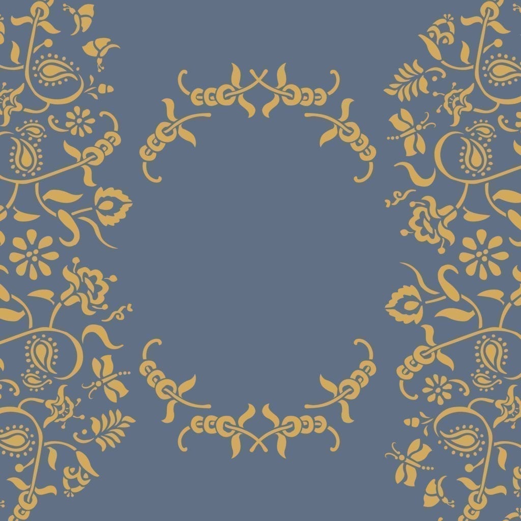 Diseño Paisley Floral Garland pintado en Mustard Mix y Old Violet, Annie Sloan