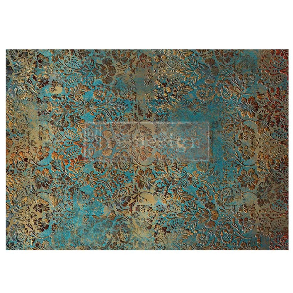 Papel de fibra para decoupage Pátina Envejecida de Re-Design with Prima — diseño completo con motivos florales barrocos en tonos azul turquesa, dorado y cobre envejecido, tamaño A1
