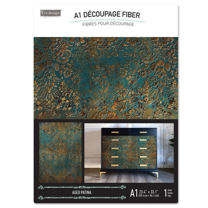 Papel de fibra para decoupage Pátina Envejecida Re-Design with Prima — material fibroso de alta densidad con diseño floral barroco en azul turquesa y dorado envejecido, tamaño A1
