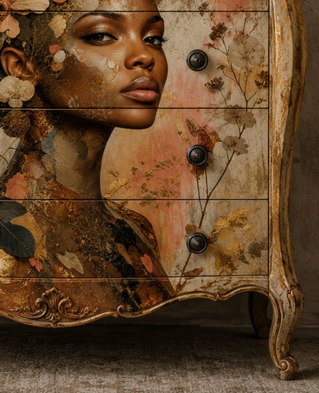 Cómoda vintage restaurada con papel decoupage Earth & Gold de Mint by Michelle — retrato femenino con flores prensadas y detalles dorados en tonos tierra, aplicado sobre mueble clásico con patas talladas