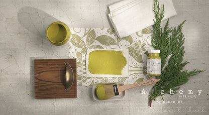 Flatlay inspiracional Alchemy by Fusion Willow con muestra de color mostaza chartreuse, bote 120ml abierto, brocha redonda, frente de cajón de madera con tirador dorado y rama de ciprés fresco sobre fondo de azulejo craquelado