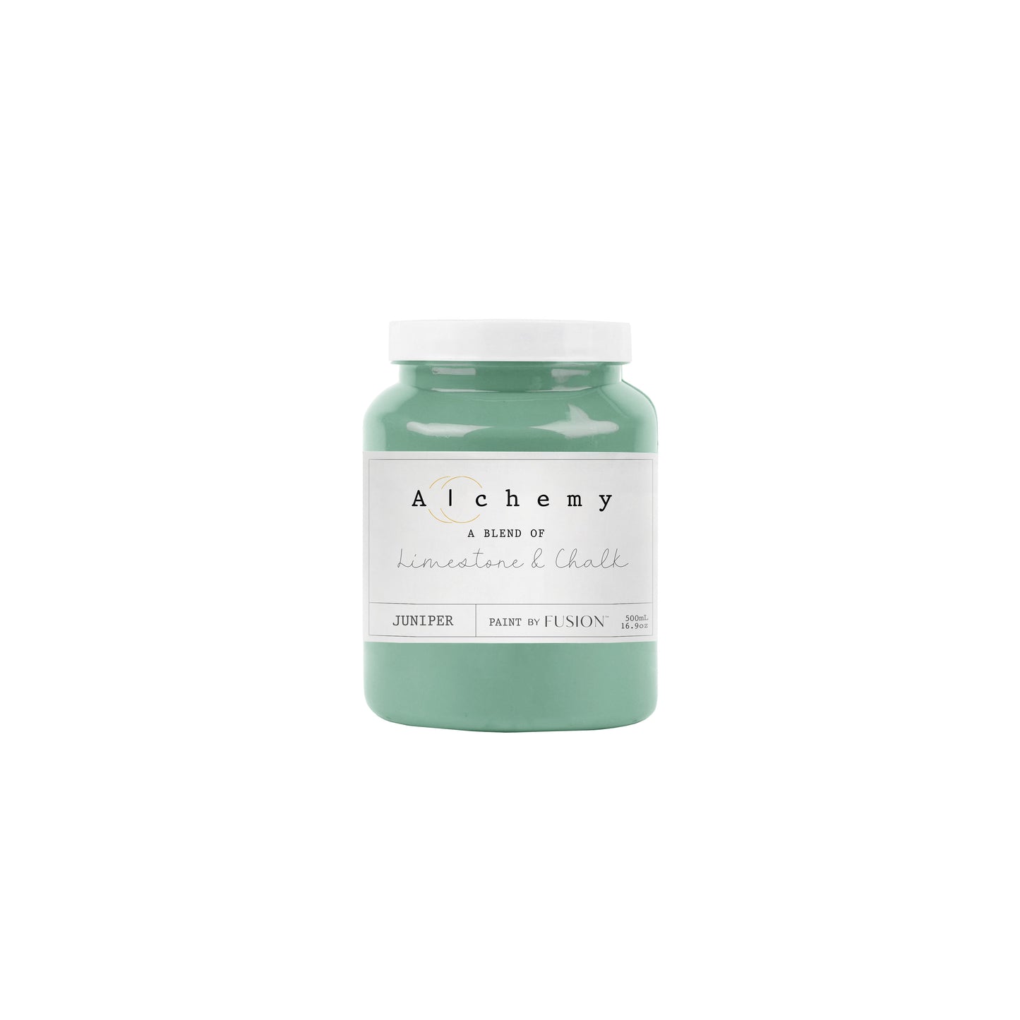 Bote Alchemy by Fusion Juniper 500ml, pintura a la tiza verde medio con subtonos azules vibrantes, mezcla de limestone y chalk para restauración de muebles