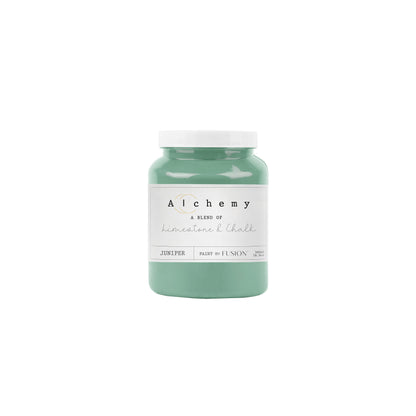 Bote Alchemy by Fusion Juniper 500ml, pintura a la tiza verde medio con subtonos azules vibrantes, mezcla de limestone y chalk para restauración de muebles