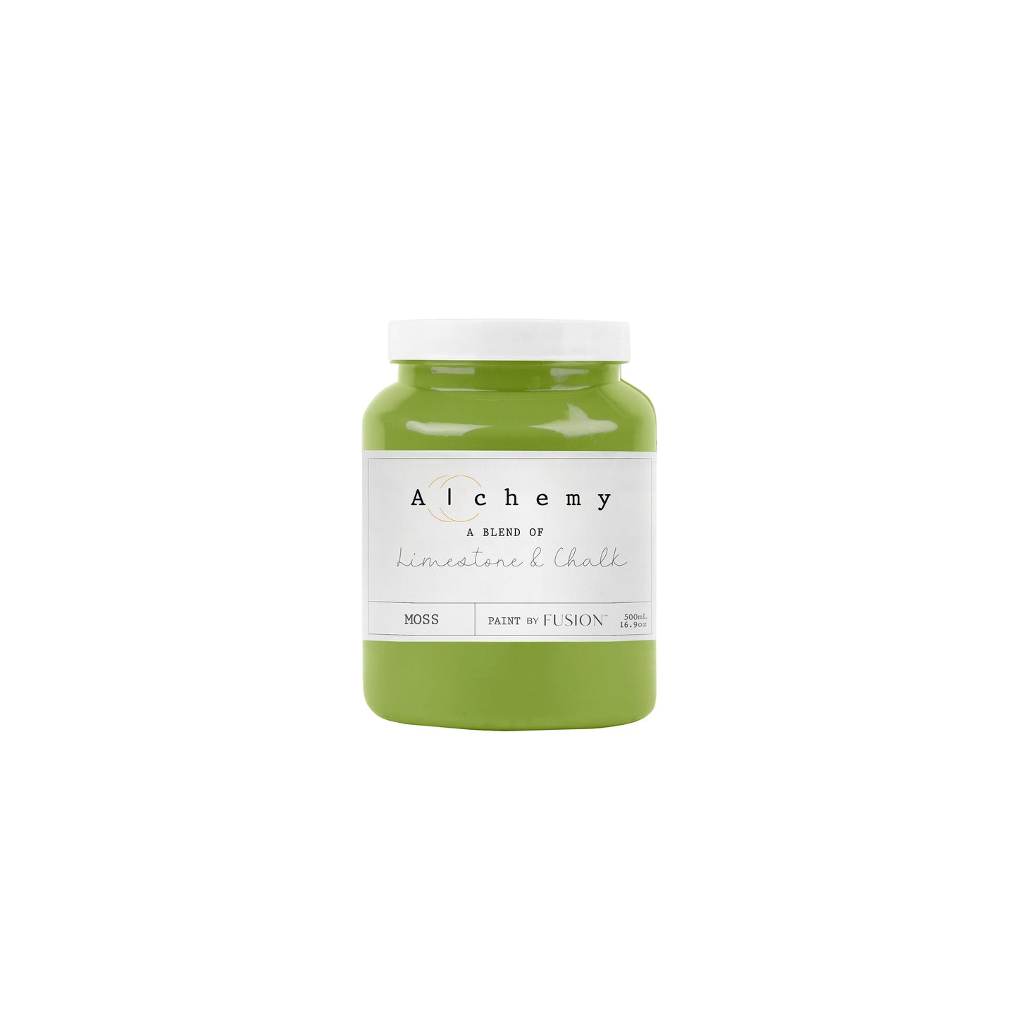 Bote Alchemy by Fusion Moss 500ml, pintura a la tiza chartreuse verde amarillento vibrante, mezcla de limestone y chalk para restauración de muebles