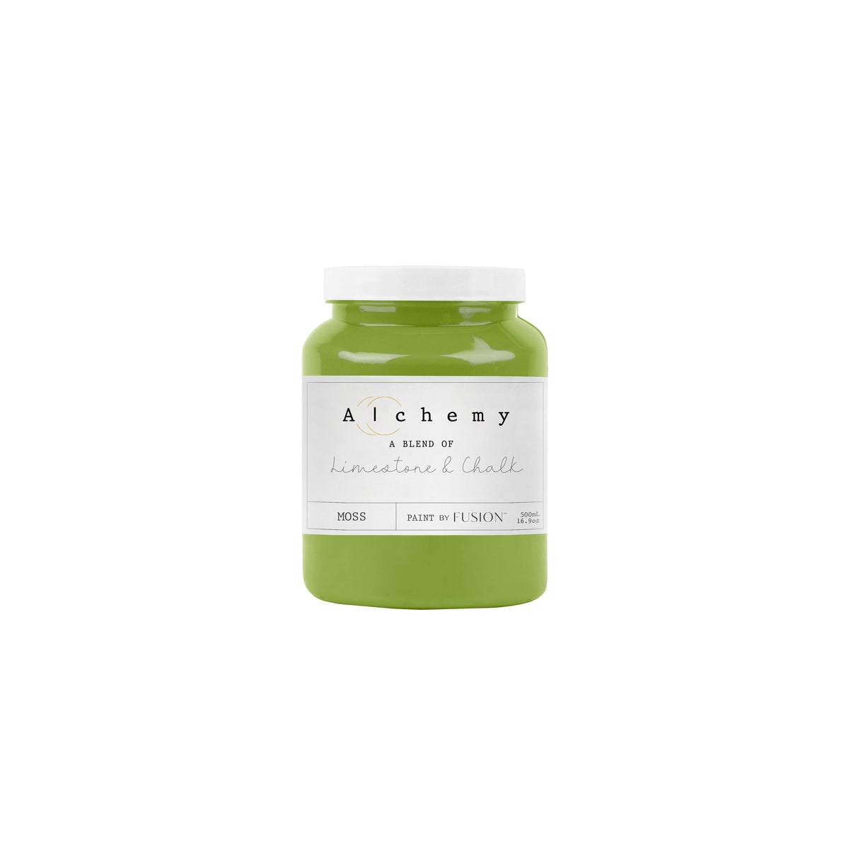 Bote Alchemy by Fusion Moss 500ml, pintura a la tiza chartreuse verde amarillento vibrante, mezcla de limestone y chalk para restauración de muebles