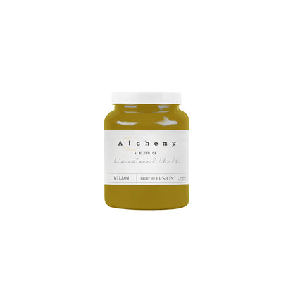 Bote Alchemy by Fusion Willow 500ml, pintura a la tiza mostaza y chartreuse sofisticado y natural, mezcla de limestone y chalk para restauración de muebles