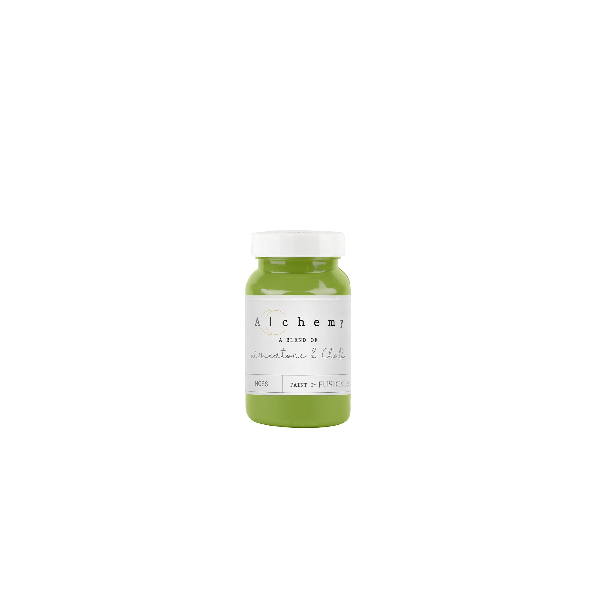 Bote Alchemy by Fusion Moss 120ml, pintura a la tiza chartreuse verde amarillento vibrante, mezcla de limestone y chalk para muebles