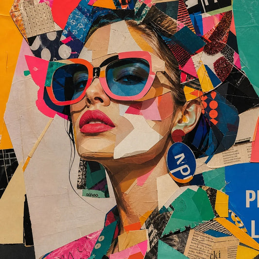 Diseño Cut & Paste de Mint by Michelle — primer plano del retrato femenino con gafas de sol oversized sobre collage de recortes geométricos y periódico en colores vivos