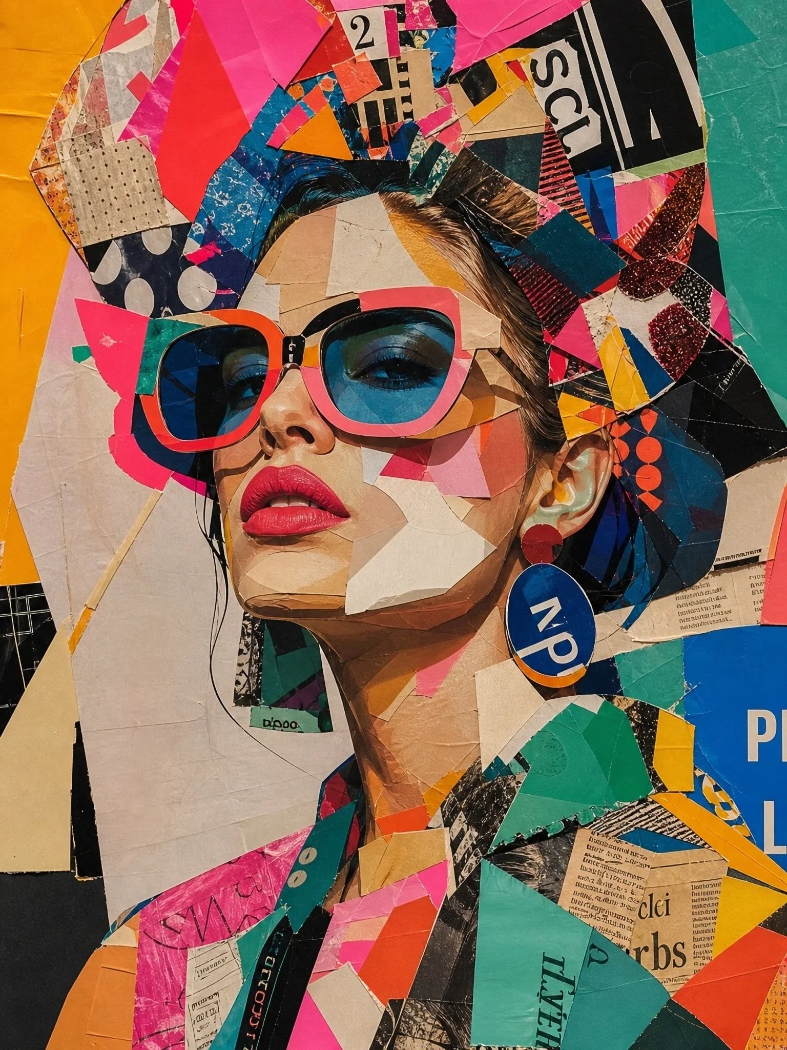 Papel decoupage Cut & Paste - Retrato femenino con gafas de sol sobre collage pop art colorido - Mint by Michelle
