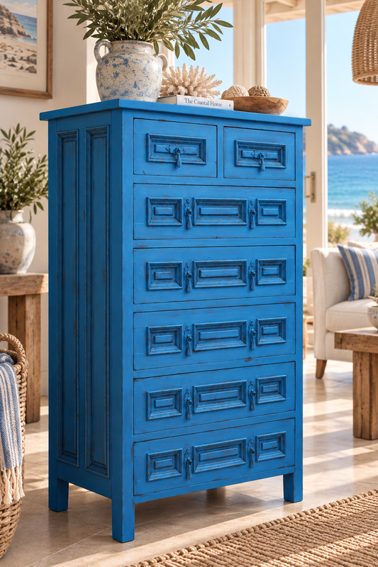 Cómoda castellana vintage restaurada y pintada a mano en azul costero con pátina envejecida, estilo mediterráneo