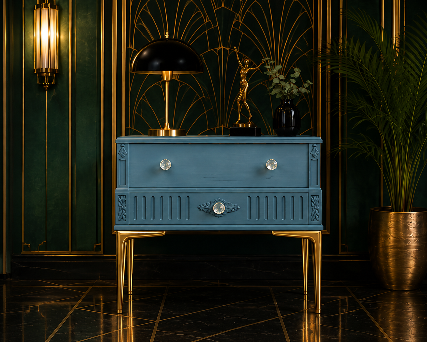 Mesita de noche Art Déco azul petróleo restaurada artesanalmente, dos cajones con tiradores de cristal y patas doradas, pieza única hecha a mano en España
