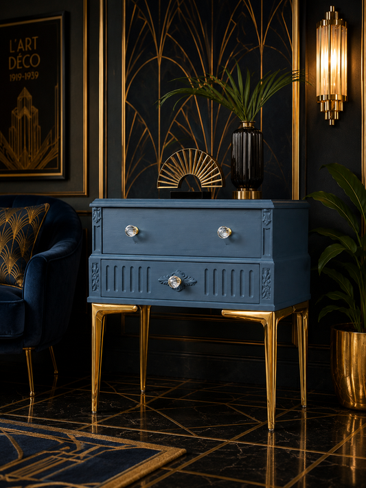 Mesita de noche Art Déco azul con patas doradas y tiradores de cristal, decorada con jarrón negro y abanico dorado en ambiente lujoso