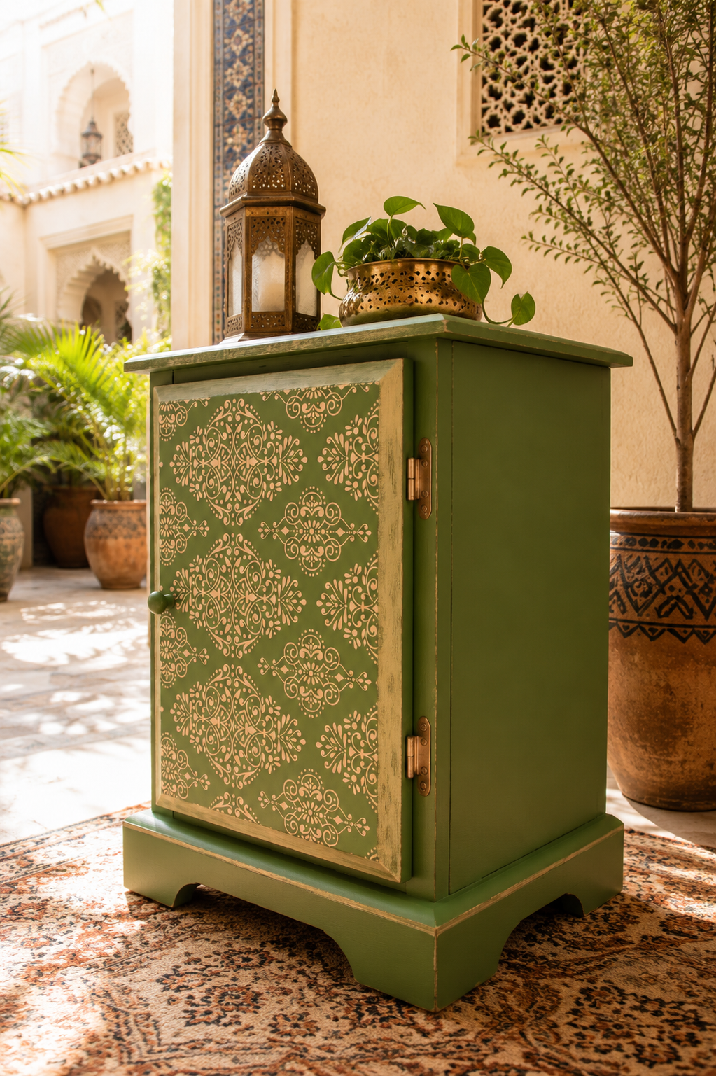Detalle lateral y bisagras doradas de mueble auxiliar marroquí restaurado a mano en verde oliva — Anaqa Design