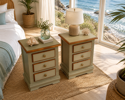 Mesitas de Noche Vintage Verde Musgo y Madera Natural | Juego de 2 Mesillas Restauradas y Pintadas a Mano | Estilo Costero y Mediterráneo