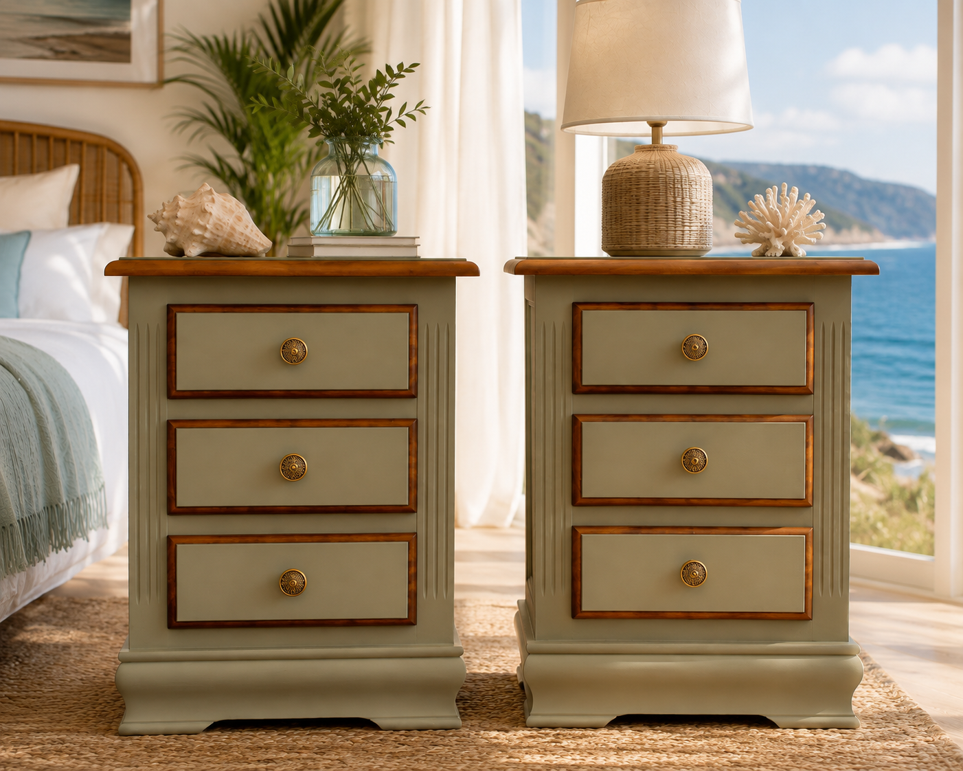 Mesitas de Noche Vintage Verde Musgo y Madera Natural | Juego de 2 Mesillas Restauradas y Pintadas a Mano | Estilo Costero y Mediterráneo