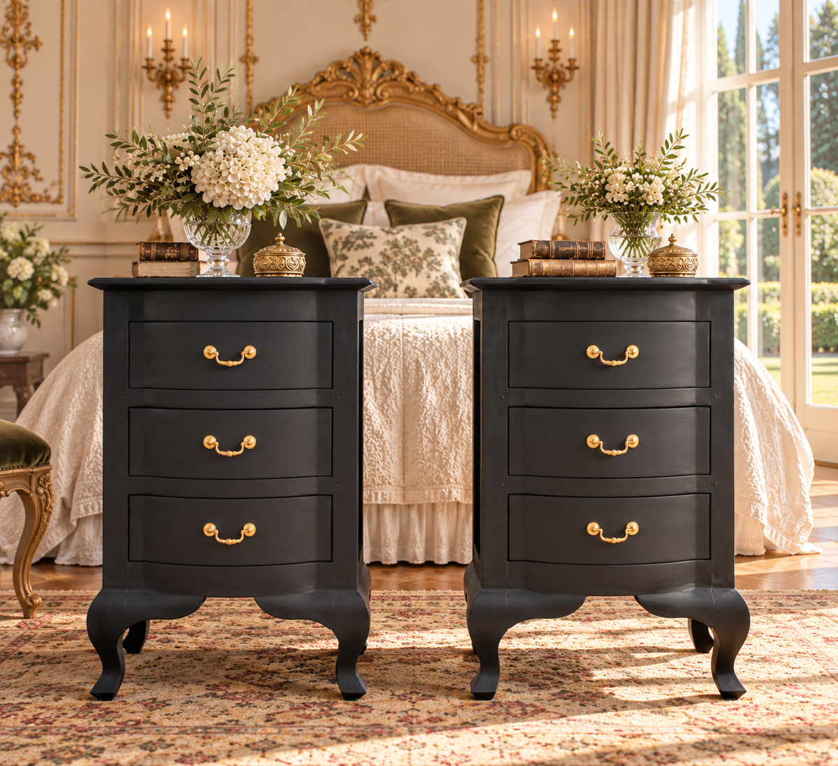 Pareja de mesitas de noche negras y doradas vista de lado, con paneles ornamentales y patas curvas