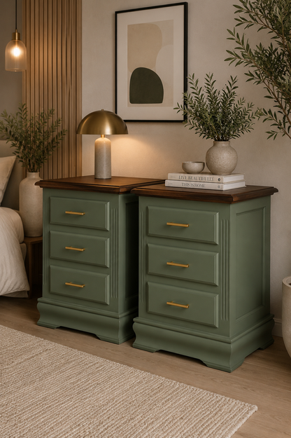 Par de mesitas de noche vintage restauradas en verde oliva con encimera de madera teñida en nogal, decoradas con plantas y libros en dormitorio rústico