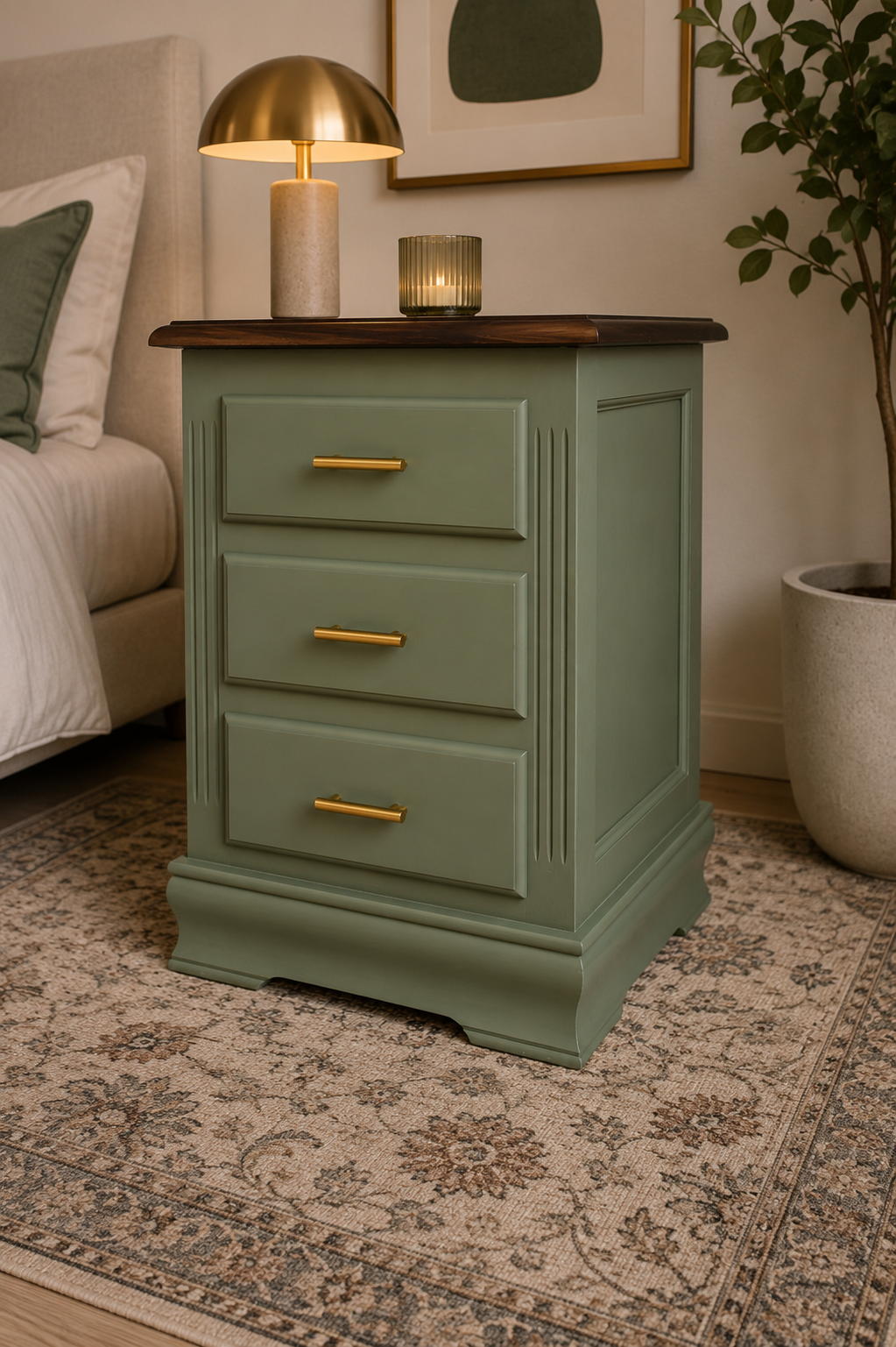 Mesitas de Noche Antiguas Restauradas Verde Oliva | Juego de 2 de Madera Maciza de Pino Español Pintadas a Mano