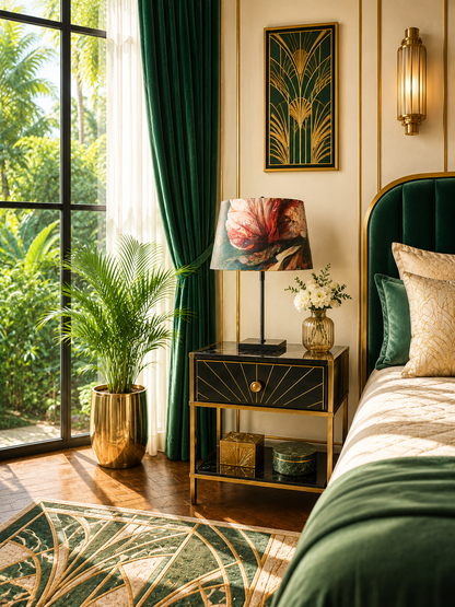 Pantalla de lámpara Art Déco floral sobre mesita de noche en dormitorio estilo tropical con cortinas verdes | Anaqa Design
