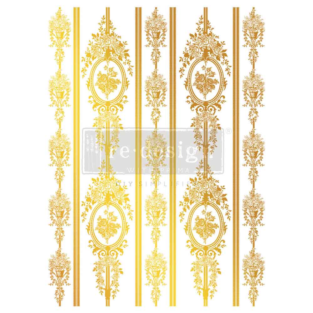 Transferencia Gold Foil Chateau Filigree Kacha en vitrina barroca azul cobalto con columnas torneadas - medallones y filigranas doradas en interior y puertas - Re-Design with Prima
