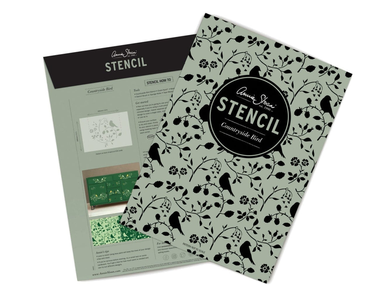 Envase del stencil A4 Countryside Bird Annie Sloan, vista frontal y trasera del empaque