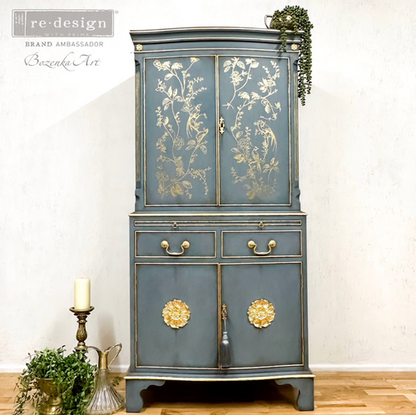 Transferencia decorativa Gold Foil A Bird Song de Kacha – Re-Design with Prima, diseño de pájaros dorados entre ramas para muebles y decoración | Anaqa Design