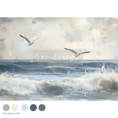 Papel de decoupage Echoes On The Water – gaviotas sobre el mar en tonos costeros, Redesign with Prima 49,5x76 cm