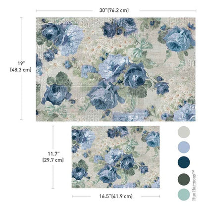 Set doble de papel decoupage Meadow Melodies de Re-Design with Prima - dos hojas de rosas azules sobre fondo vintage, medidas 76x48 cm y 41x29 cm con paleta Hue Harmony
