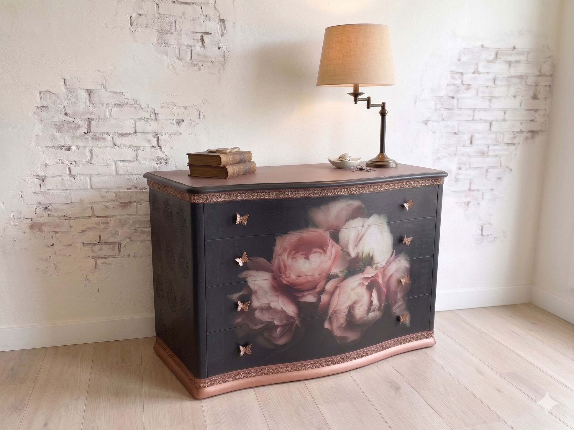 Pieza única de mueble restaurado estilo provenzal con rosas 3D y acabado artesanal 