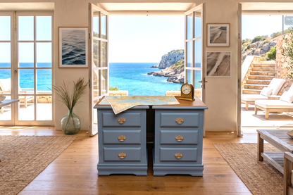 Set of 2 Vintage MCM Bedside Tables | Seaside Blue | Gold or Copper Pulls | Hand Restored