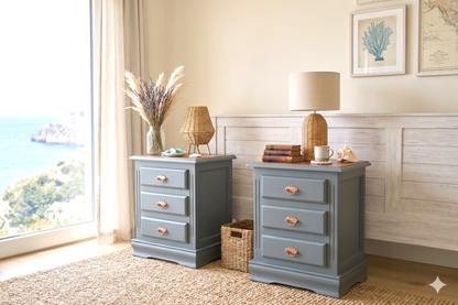Set of 2 Vintage MCM Bedside Tables | Seaside Blue | Gold or Copper Pulls | Hand Restored