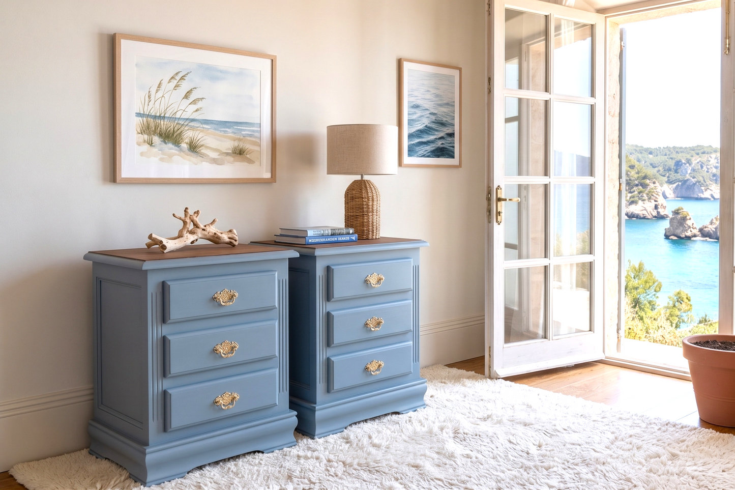 Set of 2 Vintage MCM Bedside Tables | Seaside Blue | Gold or Copper Pulls | Hand Restored