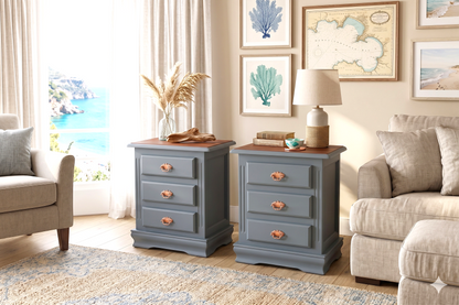 Set of 2 Vintage MCM Bedside Tables | Seaside Blue | Gold or Copper Pulls | Hand Restored