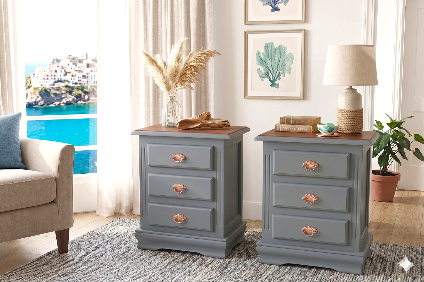 Set of 2 Vintage MCM Bedside Tables | Seaside Blue | Gold or Copper Pulls | Hand Restored
