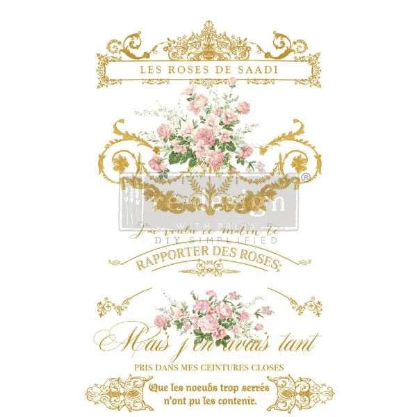 Decor Transfer Les Roses de Kacha - diseño completo con caligrafia francesa, rosas rosas y ornamentos dorados sobre fondo blanco - Re-Design with Prima
