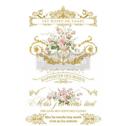 Decor Transfer Les Roses de Kacha - diseño completo con caligrafia francesa, rosas rosas y ornamentos dorados sobre fondo blanco - Re-Design with Prima
