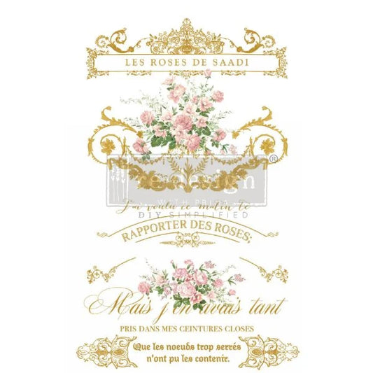 Decor Transfer Les Roses de Kacha - diseño completo con caligrafia francesa, rosas rosas y ornamentos dorados sobre fondo blanco - Re-Design with Prima
