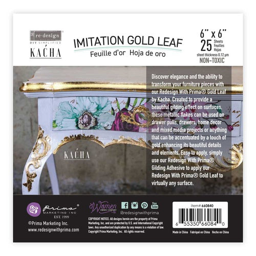 Kacha Gold Leaf Sheets – láminas de pan de oro de imitación, 25 hojas de 14x14 cm, efecto dorado deslumbrante para muebles y proyectos de upcycling