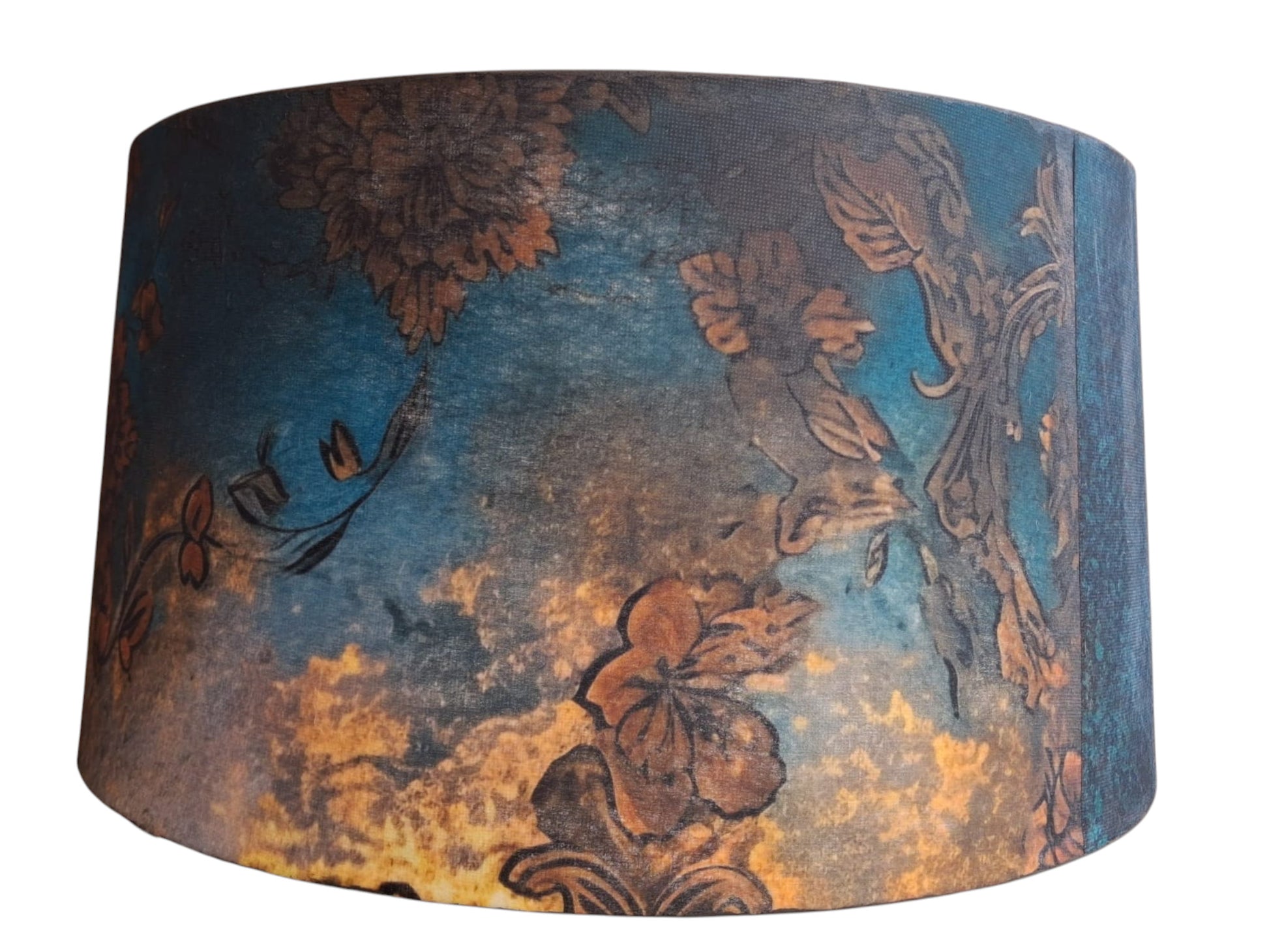 Vista lateral pantalla lámpara tipo tambor cónica papel de seda hecha a mano - 20x35-38cm