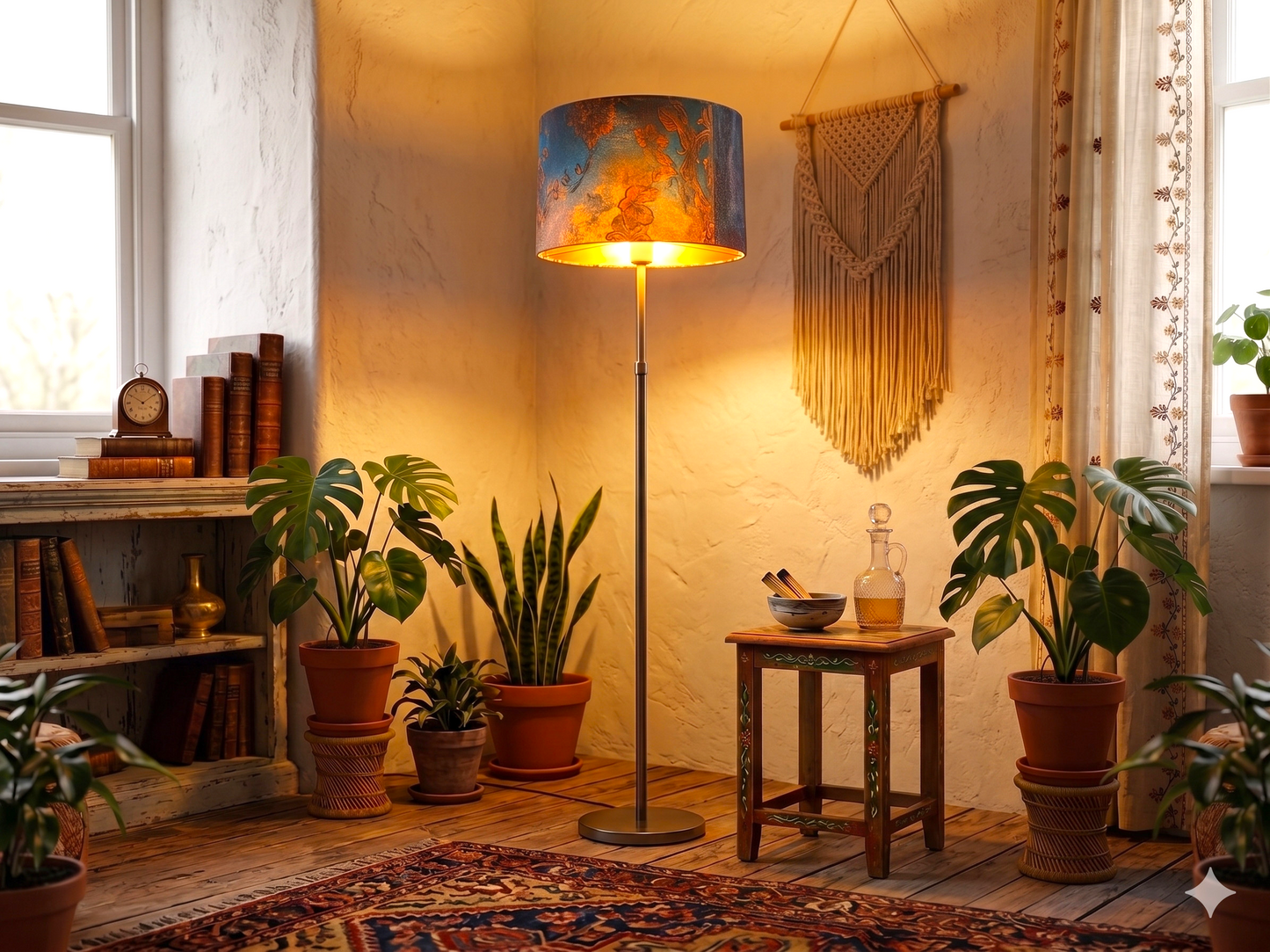 Pantalla lámpara artesanal encendida luz cálida interior dorado diseño floral oriental boho