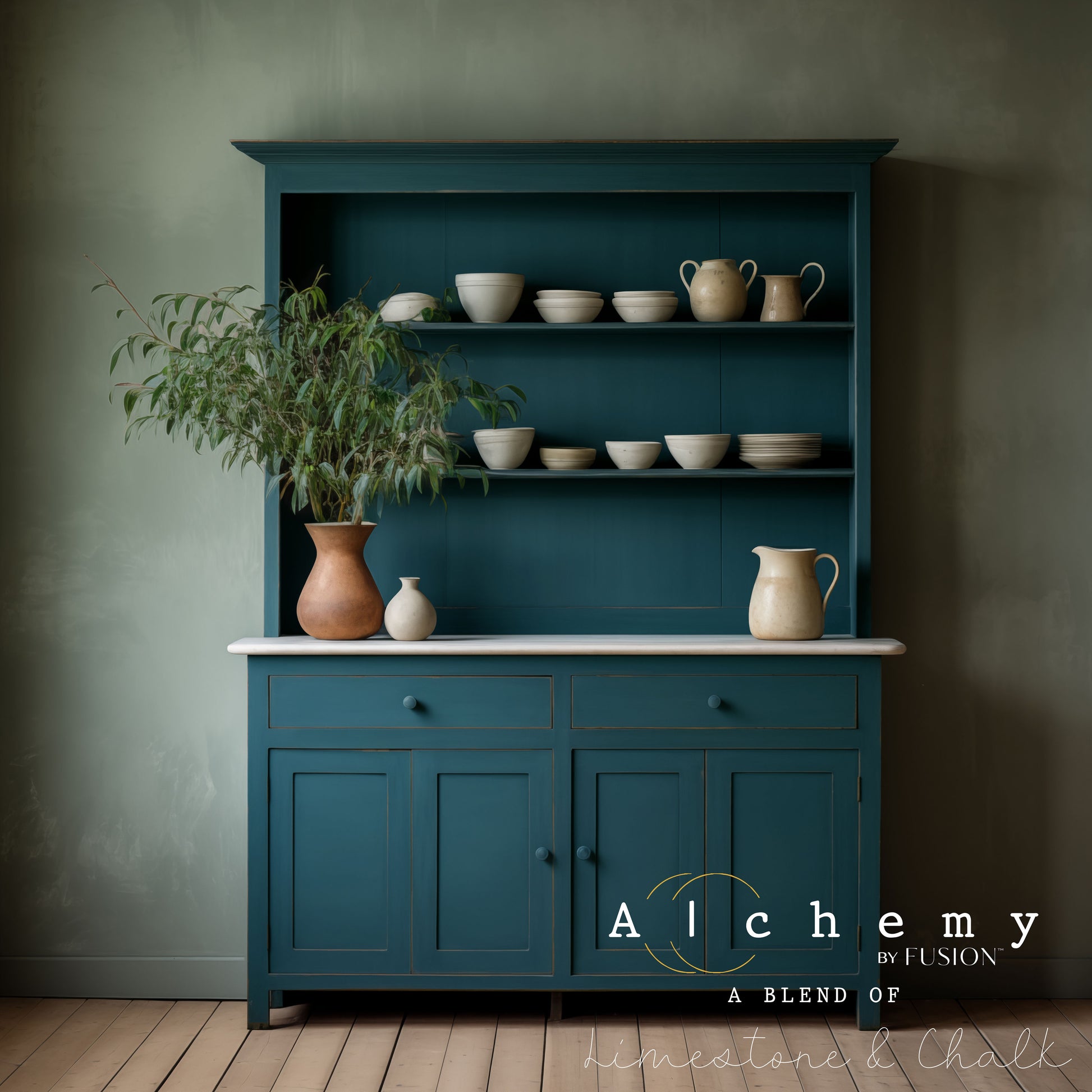 Aparador vintage con estantería restaurado con Alchemy by Fusion Lagoon en verde azulado profundo, decorado con vajilla artesanal y planta, pintura limestone y chalk