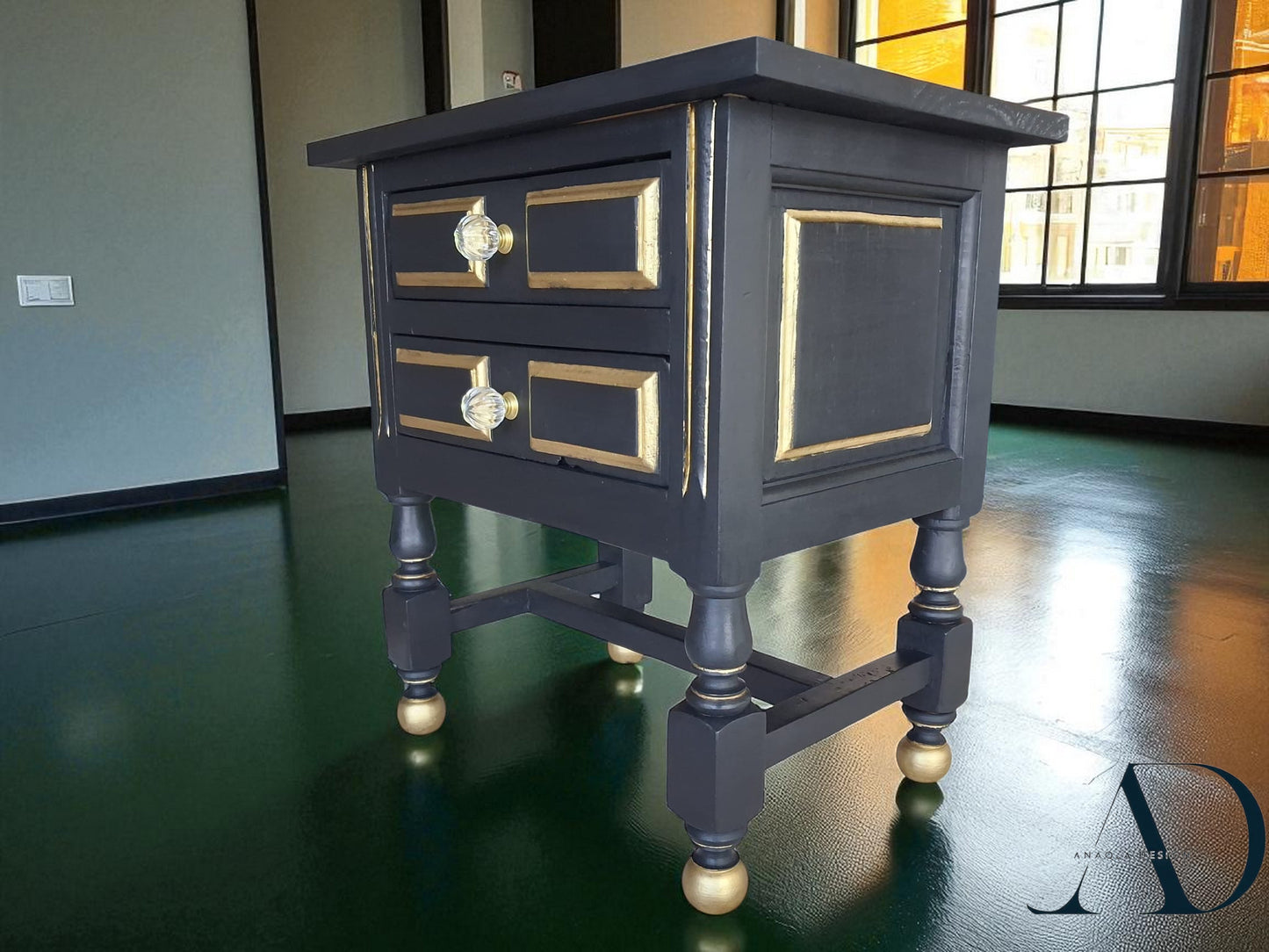 Hand-Restored Black Side Table – Vintage black Nightstand with Gold Accents – Eco-Friendly Painted Accent Table – Glass Knobs - MCM