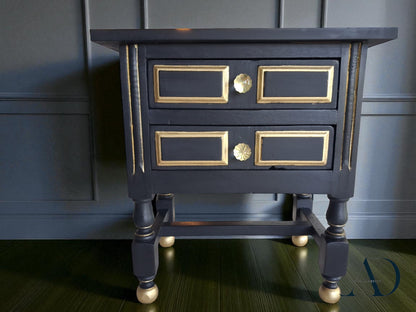 Hand-Restored Black Side Table – Vintage black Nightstand with Gold Accents – Eco-Friendly Painted Accent Table – Glass Knobs - MCM