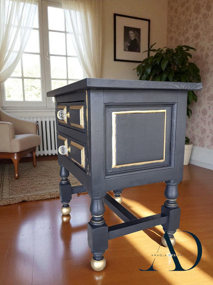 Hand-Restored Black Side Table – Vintage black Nightstand with Gold Accents – Eco-Friendly Painted Accent Table – Glass Knobs - MCM