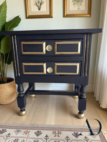 Hand-Restored Black Side Table – Vintage black Nightstand with Gold Accents – Eco-Friendly Painted Accent Table – Glass Knobs - MCM