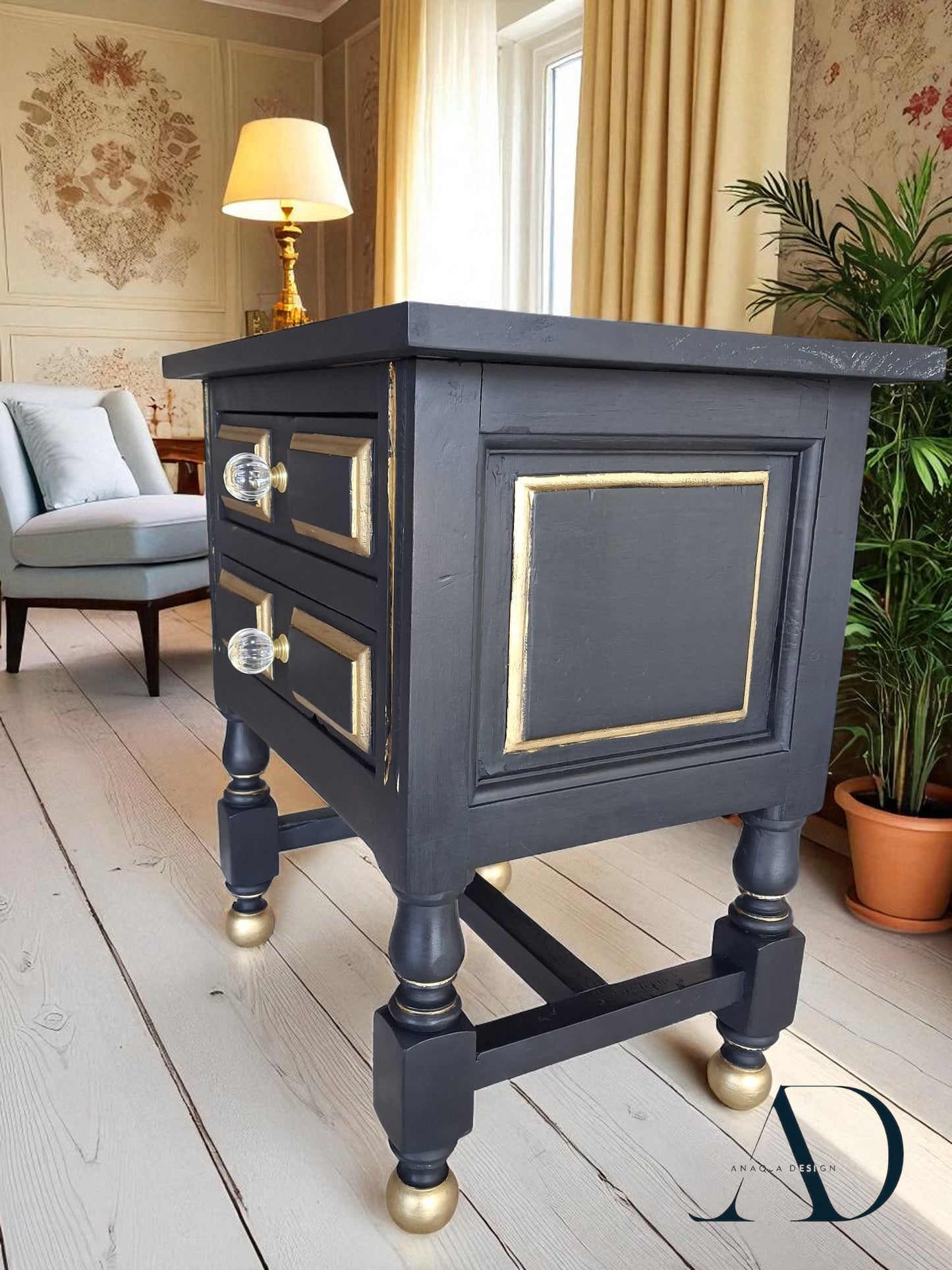 Hand-Restored Black Side Table – Vintage black Nightstand with Gold Accents – Eco-Friendly Painted Accent Table – Glass Knobs - MCM