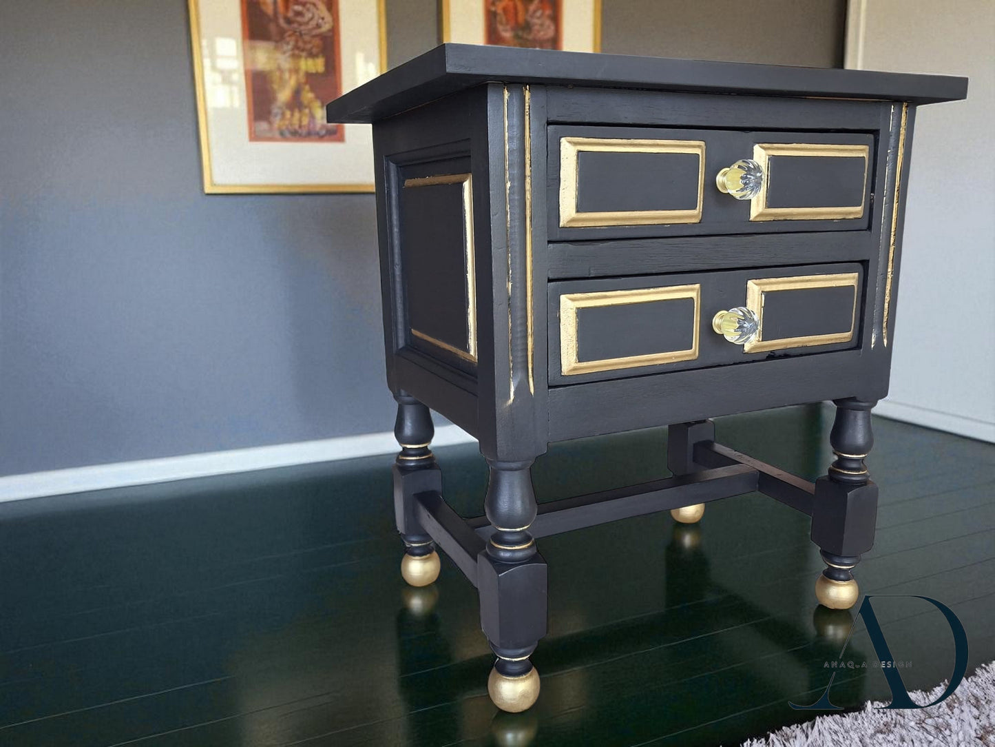 Hand-Restored Black Side Table – Vintage black Nightstand with Gold Accents – Eco-Friendly Painted Accent Table – Glass Knobs - MCM