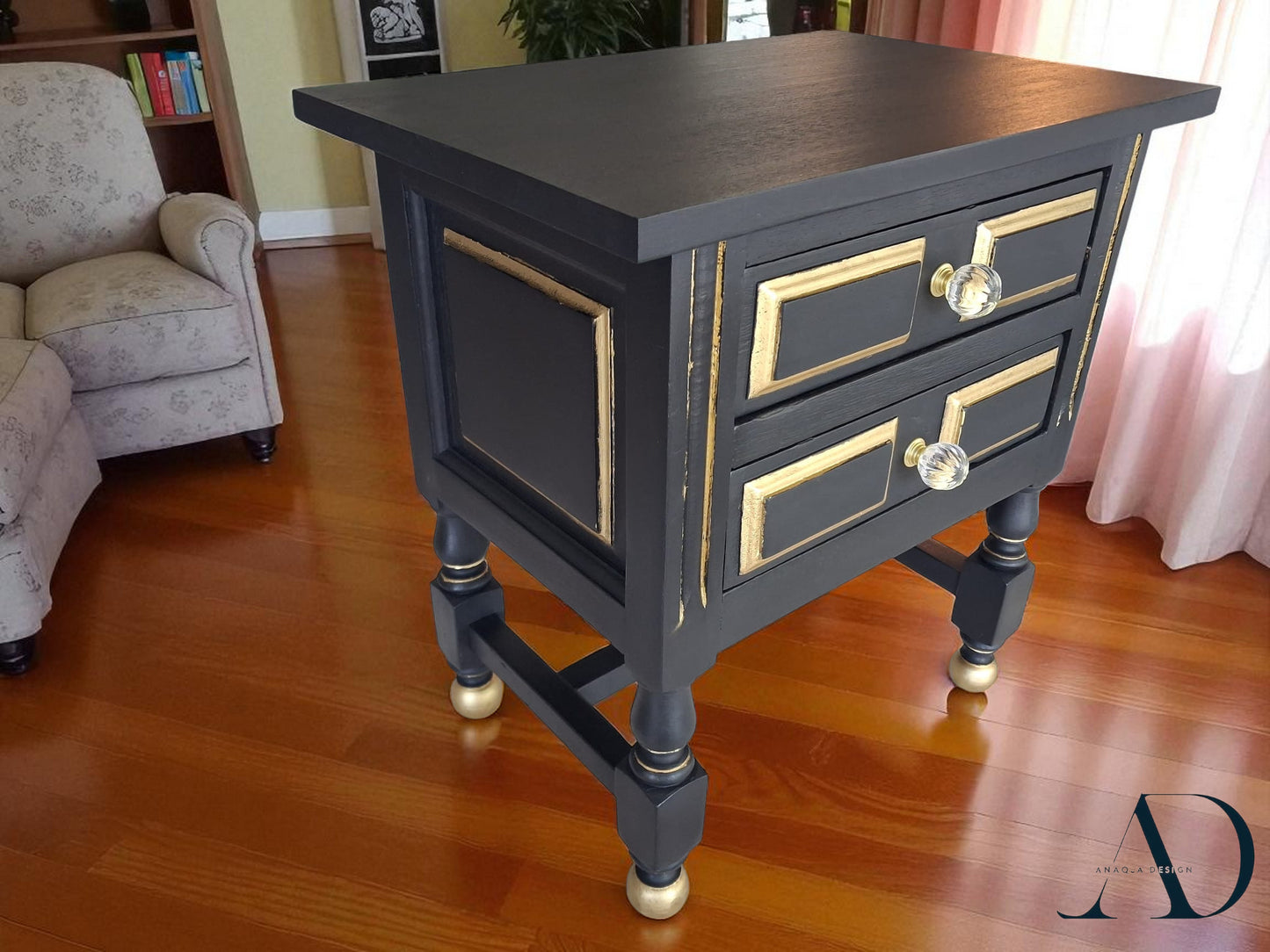 Hand-Restored Black Side Table – Vintage black Nightstand with Gold Accents – Eco-Friendly Painted Accent Table – Glass Knobs - MCM